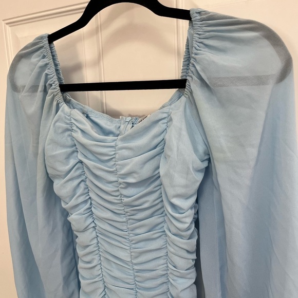 Hello Molly ruched front dress puff sheer sleeves light blue size 4 - Picture 3 of 6